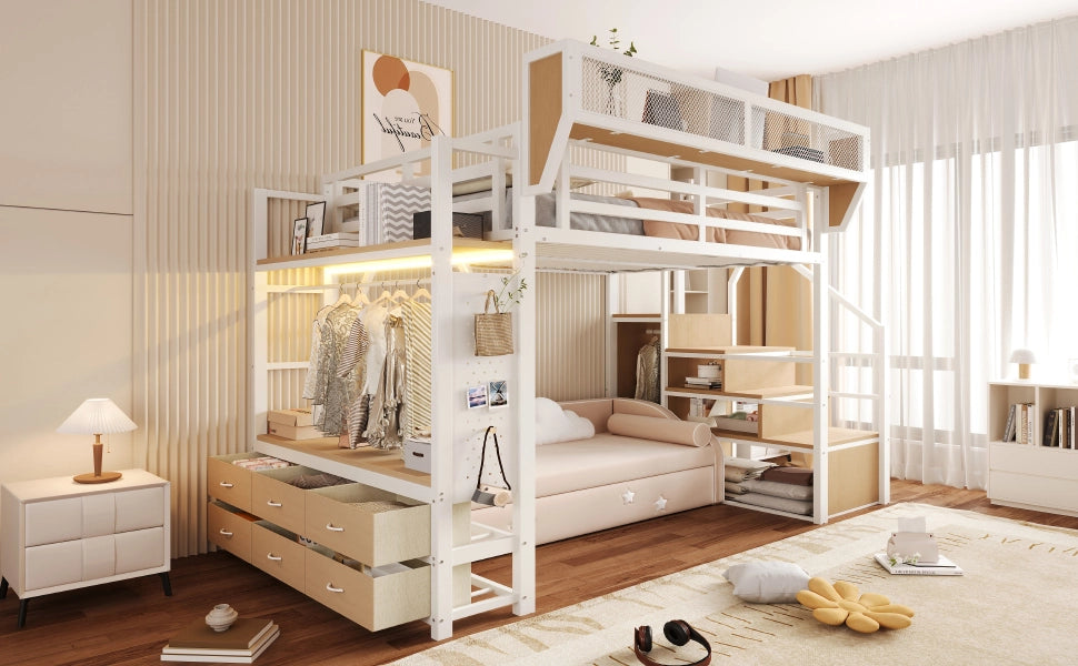 Letto a soppalco 140 × 200 cm con scaletta, ripiani, LED e cassetti in tessuto, senza materasso, bianco