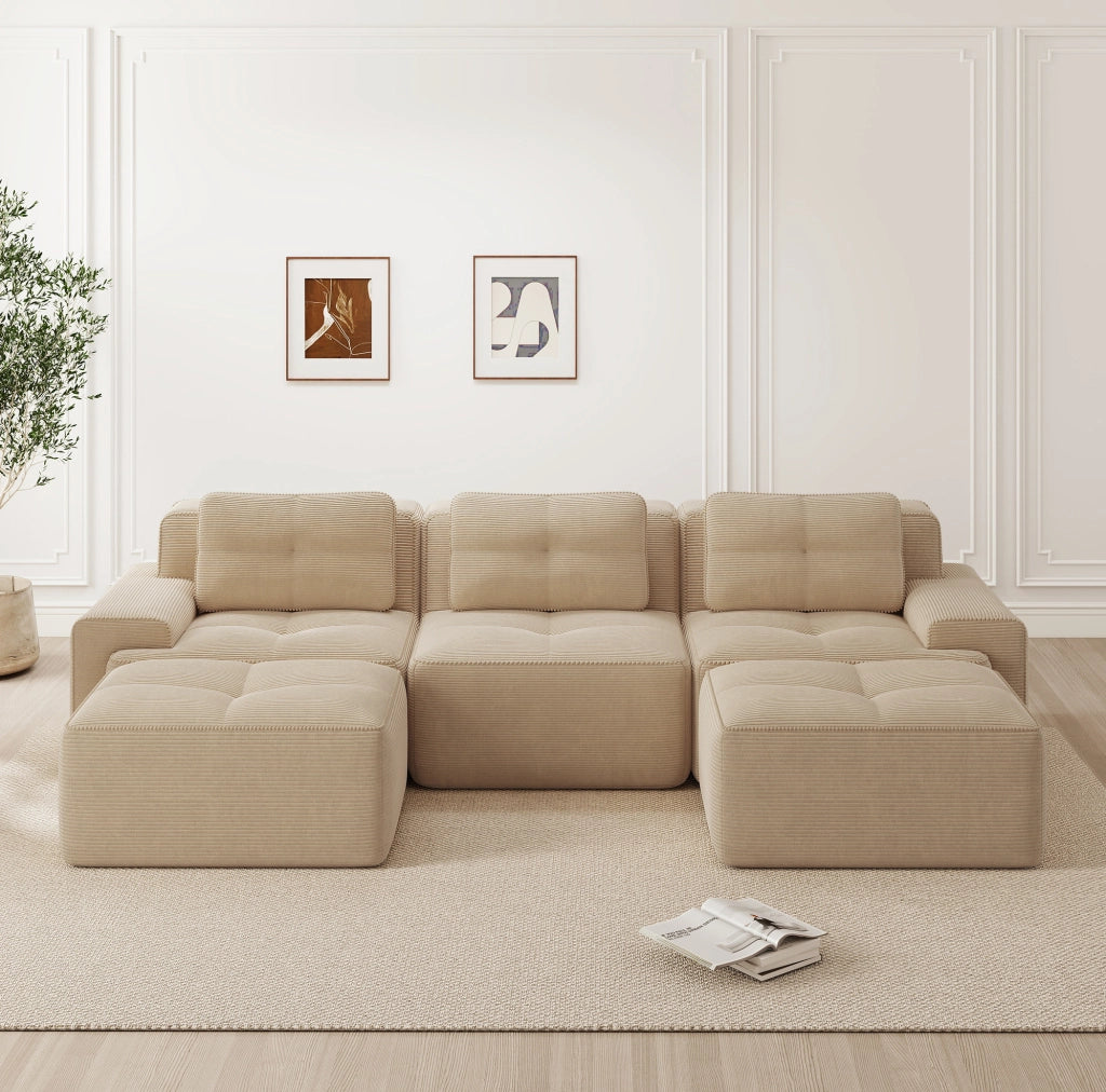 Divano modulare cloud in corduroy con pouf; 293x177x69 cm; beige