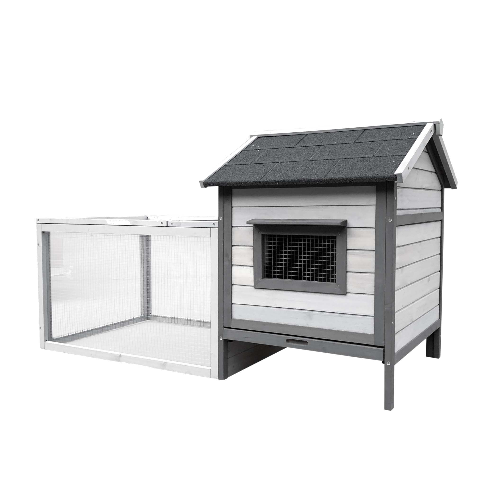 Conigliera in legno grigio chiaro 146x75x83cm con recinto e vassoio estraibile per la pulizia