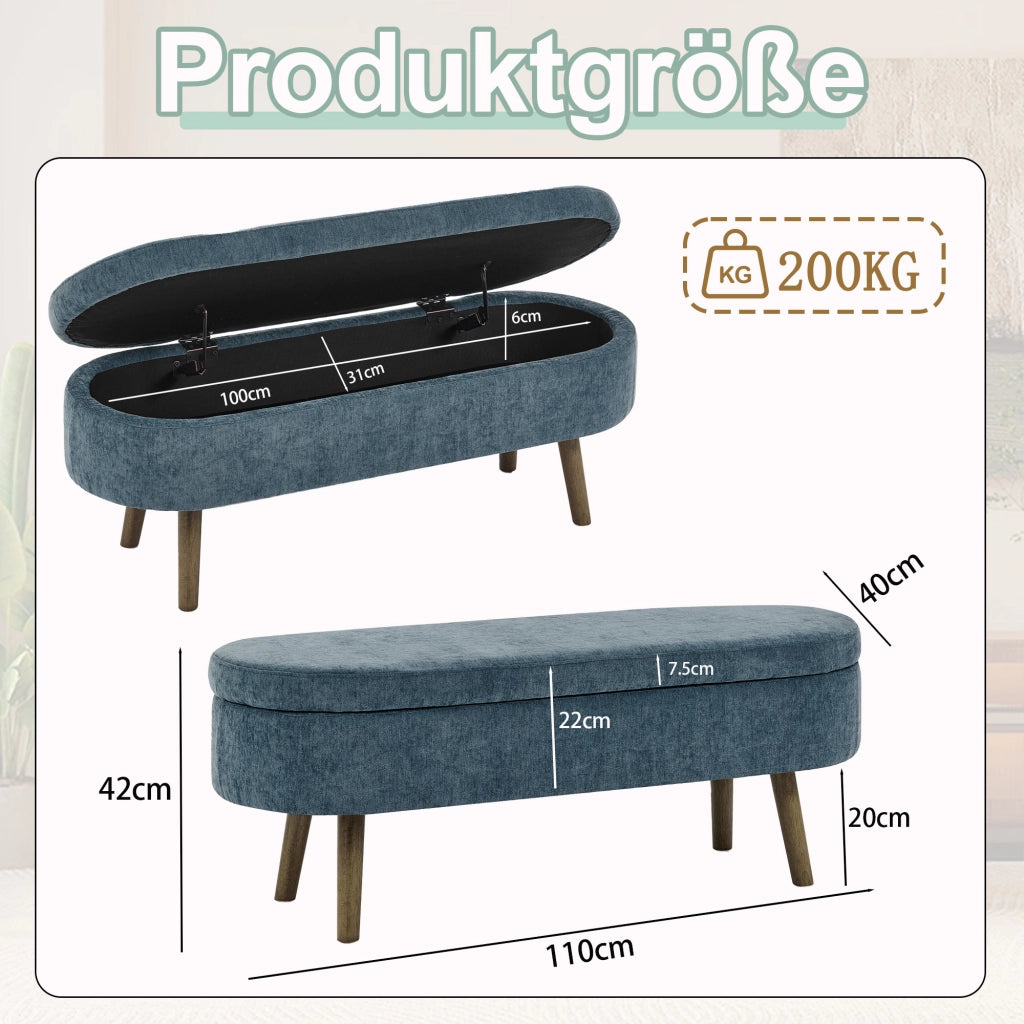 Panca contenitore in chenille con vano portaoggetti da 20 l e struttura in legno massello blu 110 × 40 × 42 cm