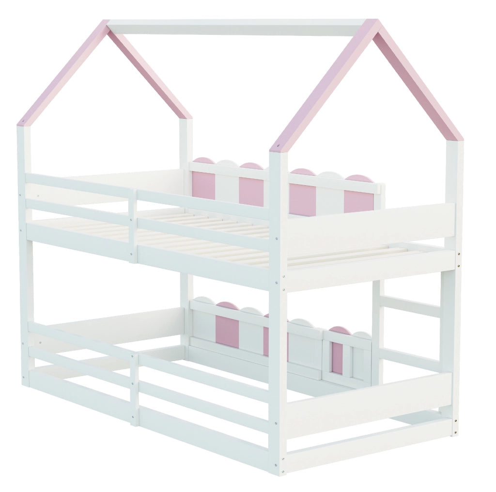 Letto a castello per bambini 90x200 cm a forma di casa rosa e bianco