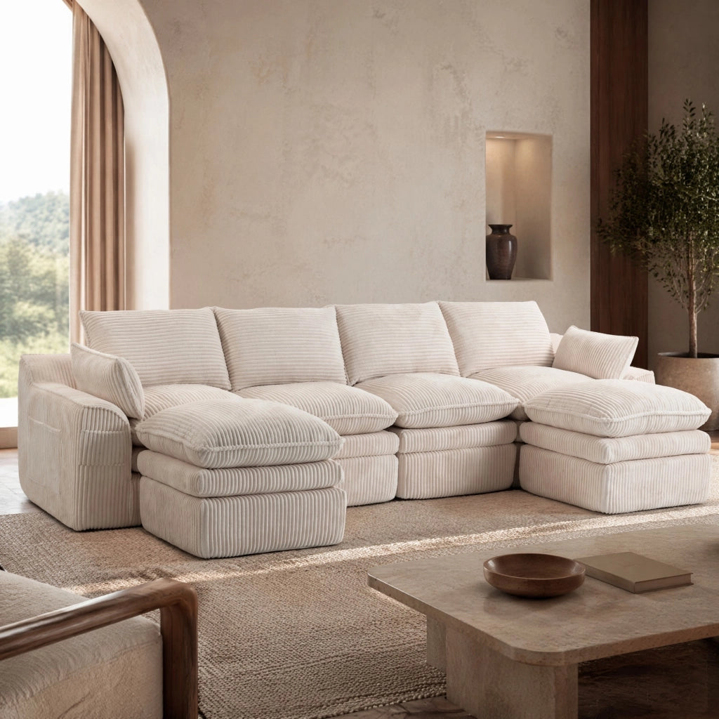 Divano modulare in corduroy beige con tasche laterali, cuscini inclusi e struttura in schiuma a 3 strati