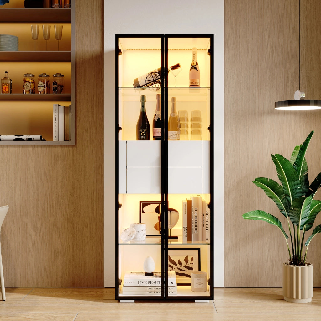 Vetrina con LED, 1 anta in vetro temprato e 2 cassetti, ripiani regolabili, in MDF e vetro, bianco, 60 × 40 × 160 cm