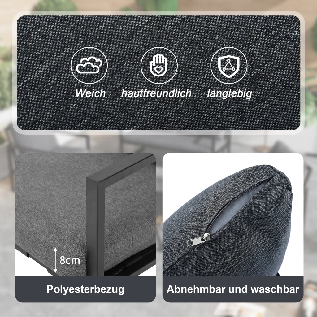 OKWISH Set da 4 mobili da giardino con divano, 2 poltrone, tavolino e cuscini, PVC e acciaio zincato Nero
