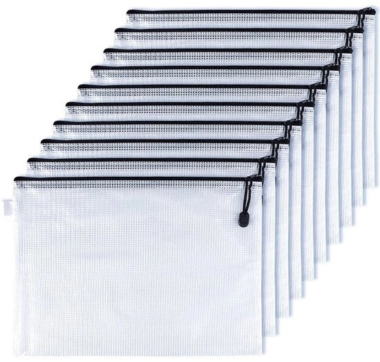 Set di 10 dossierzak A4 con chiusura a cerniera - Documenti cartellino - Materiale PVC - Nero/trasparente - 32cm x 23cm - Documenti taschino
