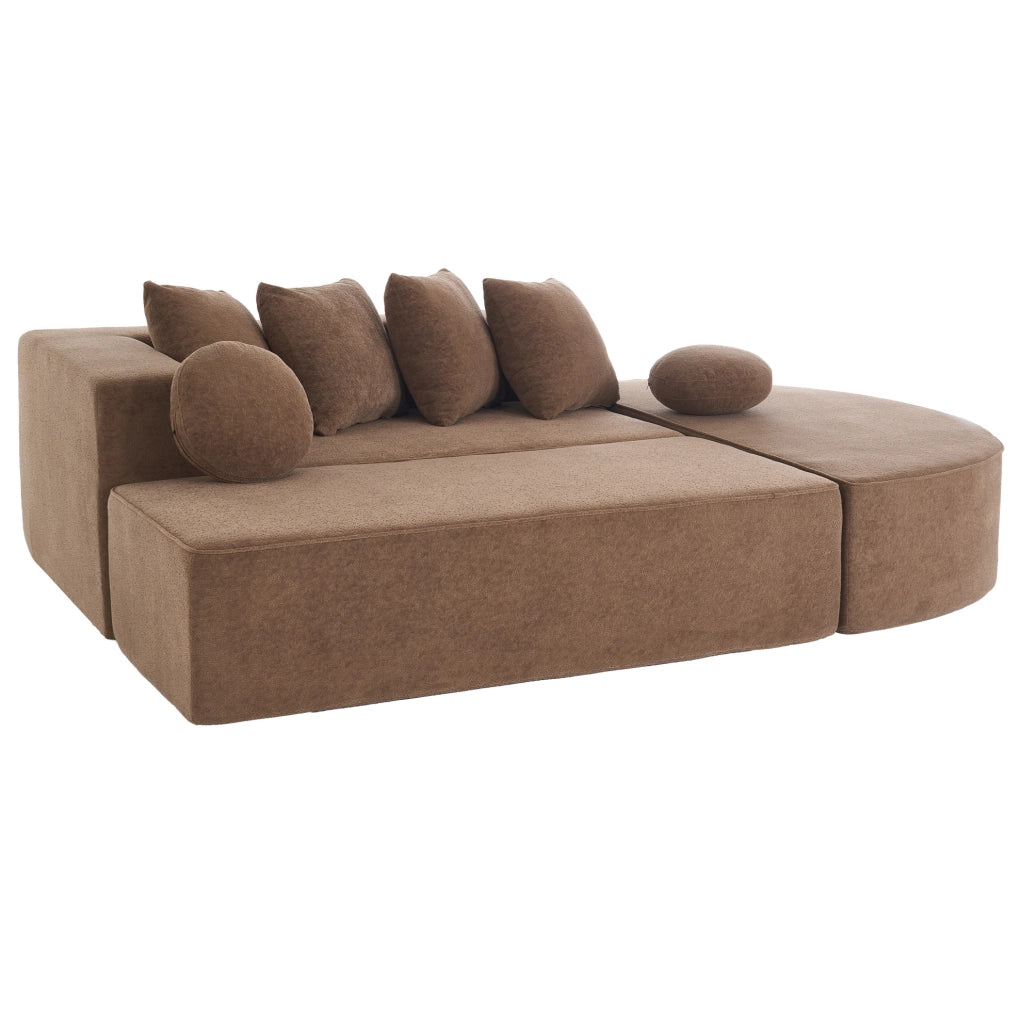 Divano modulare ULEVR 263x171 cm trasformabile in letto, ciniglia marrone con 6 cuscini