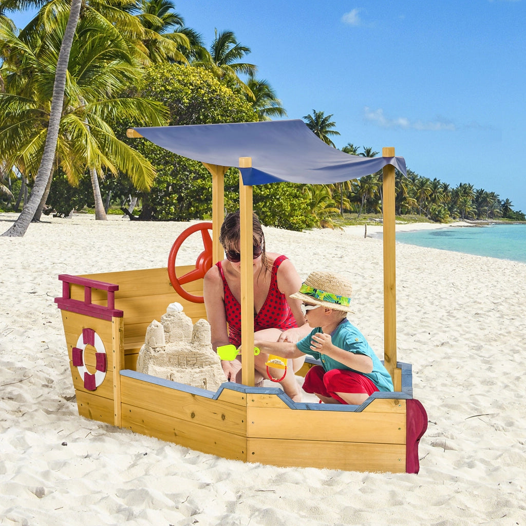 Casetta da giardino per bambini in legno a forma di barca pirata ¨C zephmum ¨C con vela ombreggiante, baule e timone