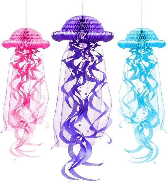 Lanterne a Sospensione con Forma di Miele e Farfalle in Carta, Decorazione da Festa Oceano, Colori Rosso Blu Viola.