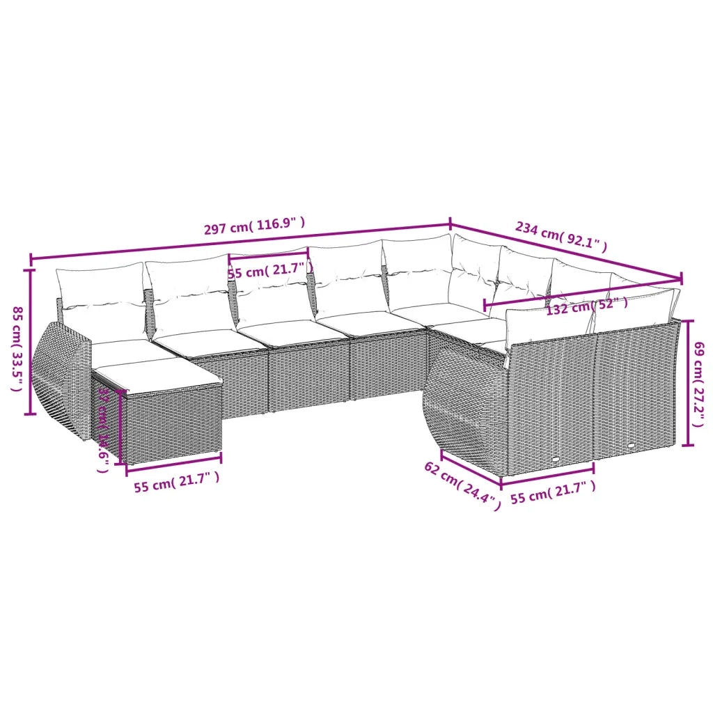 Set Divani da Giardino 10pz con Cuscini in Polyrattan Nero 3257498