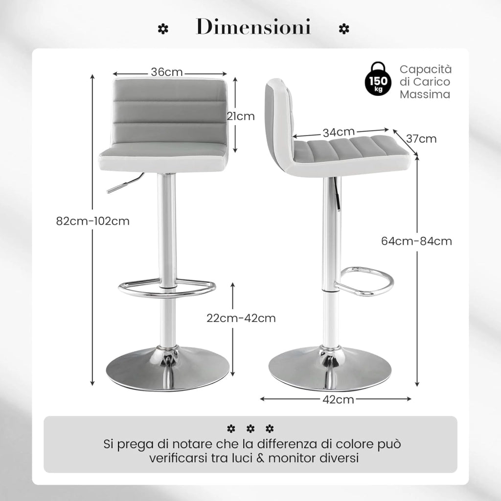 Set 2 Sgabelli da Bar in Finta PU, Sedie Girevoli e Regolabili con Schienali, Poggiapiedi e Base in Metallo, Sgabelli da Cucina per Isola, Bar e Ristorante, Grigio e Bianco