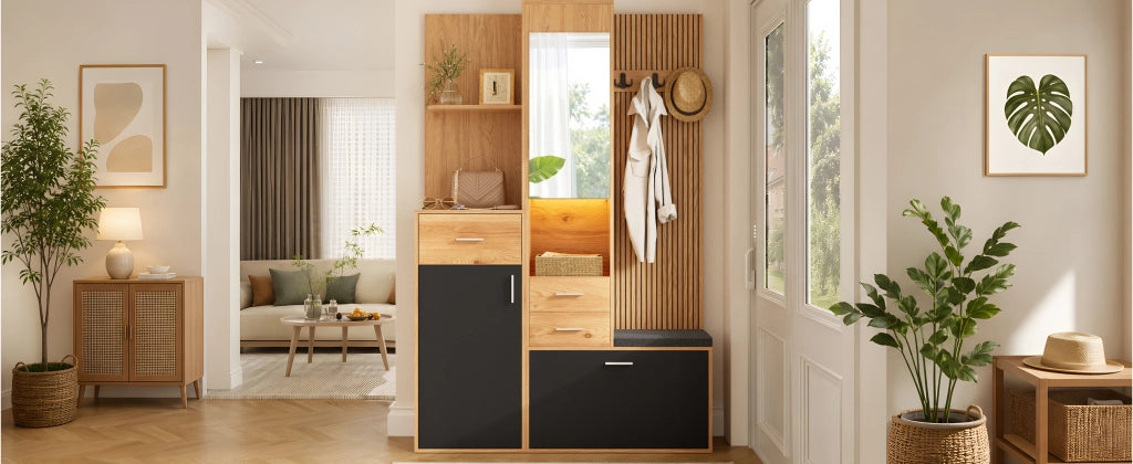 Mobile ingresso con specchio, scarpiera a ribalta, cassetti e seduta, per ingresso, nero naturale, 120 × 32 × 178 cm