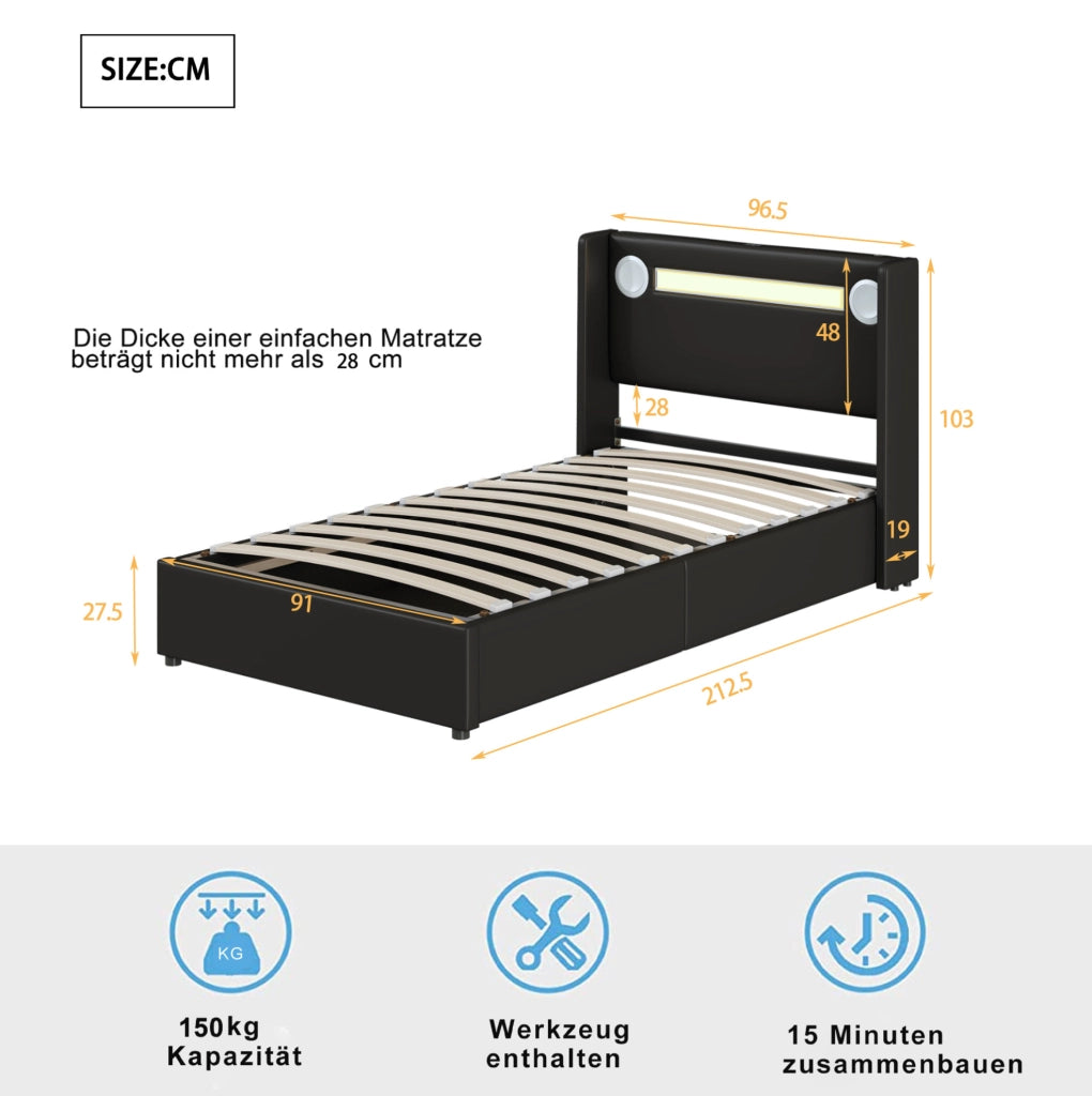 Letto imbottito per bambini 90x200 cm in PU nero con LED; Bluetooth e contenitore