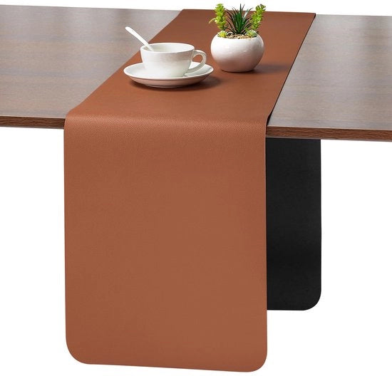 Tavolo da Esterno in Pelle, Doppia Faccia, Impermeabile, Antiscivolo, Decorativo, 30 x 183 cm (Nero Marrone)