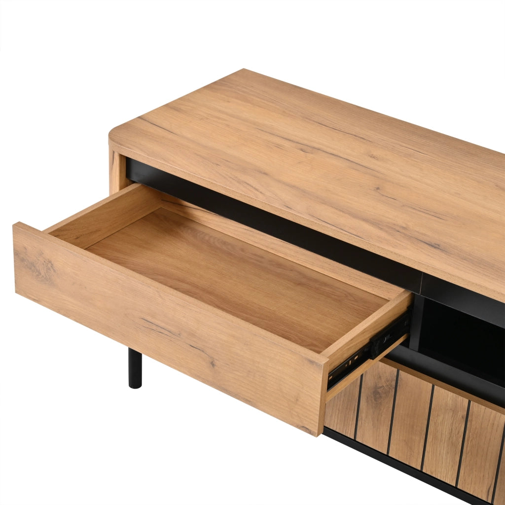 Mobile TV con 2 cassetti; 2 ante e passacavi per soggiorno 180×40×52 cm in MDF nero e naturale
