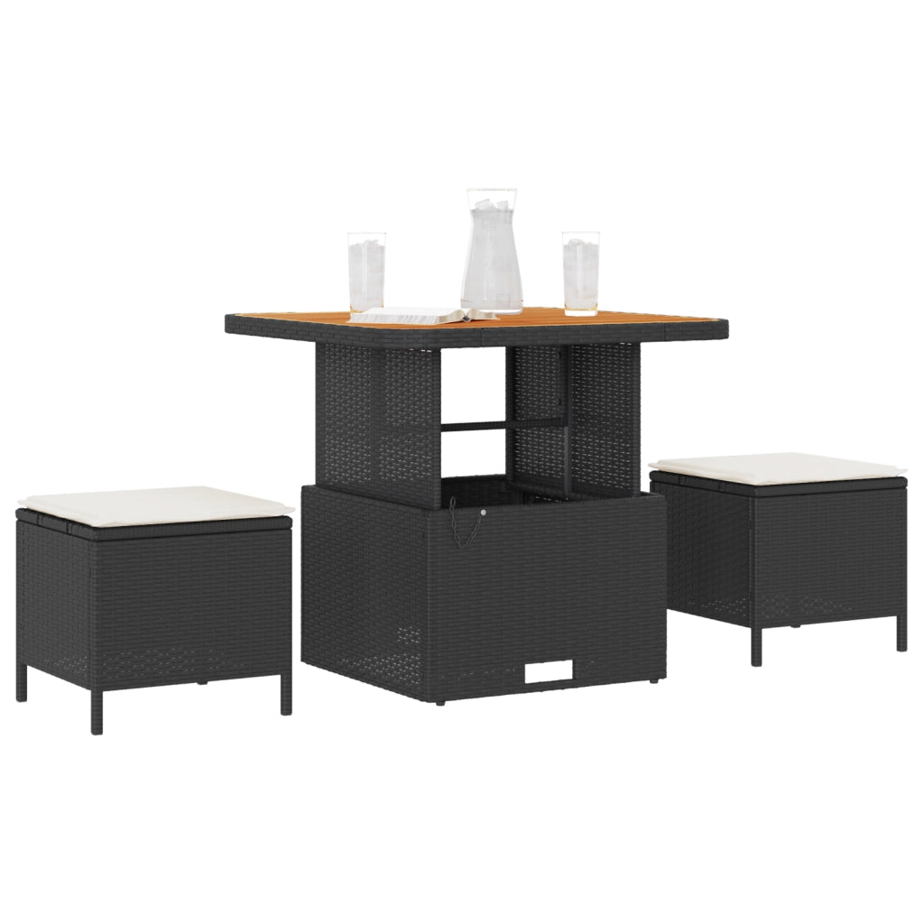 Set da pranzo da giardino 3 pezzi con cuscini nero in poly rattan e acacia