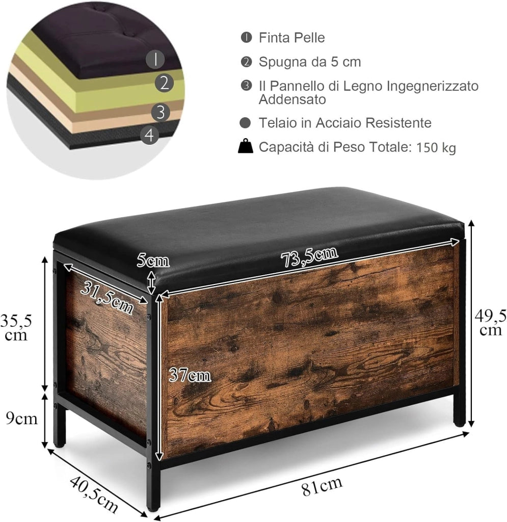 Cassapanca con Coperchio, Panca Contenitore Imbottita da Ingresso, con Struttura in Ferro Resistente, per Ingresso Camera da Letto, 81x40,5x49,5 cm, Carico Massimo 150kg