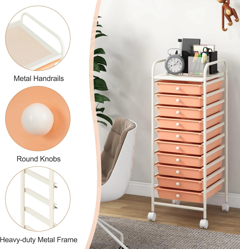 Carrello con 10 cassetti impilabili, carrello per cassetti, carrello da cucina con ruote bloccabili, carrello portaoggetti, carrello in metallo, per cucina, ufficio (arancione chiaro)