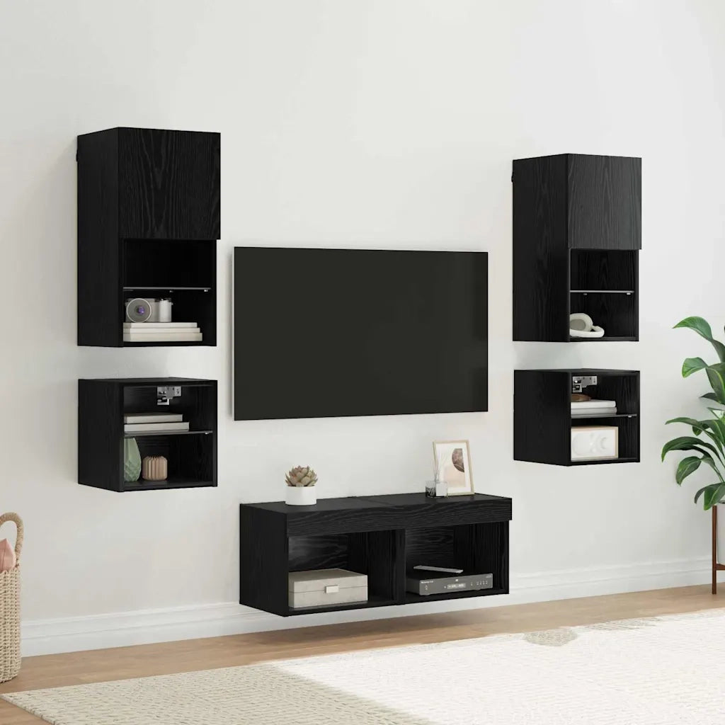 Unità per TV a Muro 8 pcs Rovere Nero Legno multistrato