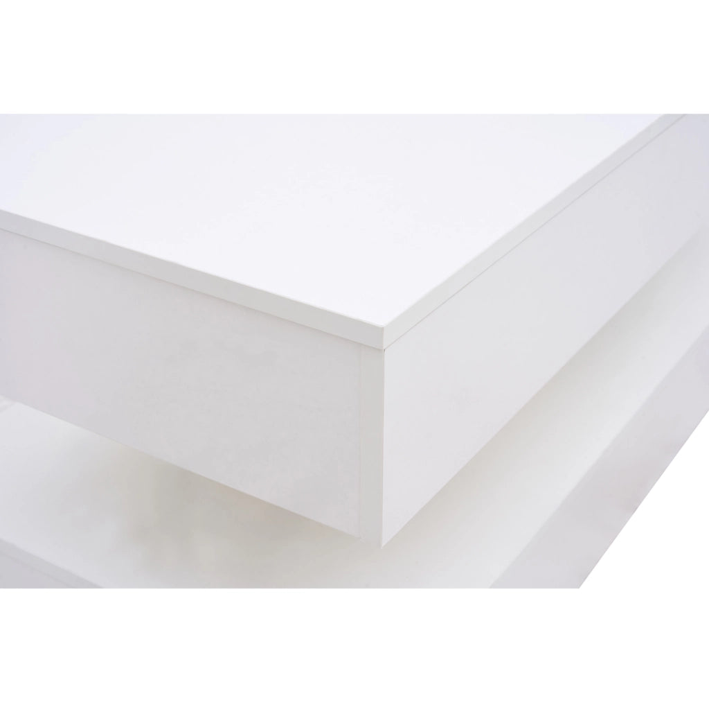 Tavolino da caffè 100x50x42 cm con piano sollevabile; LED e vano nascosto in truciolato bianco