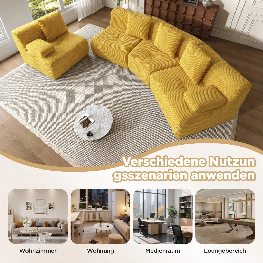 DIVANO modulare 4 posti 311x90x65 cm in velluto a coste giallo brillante
