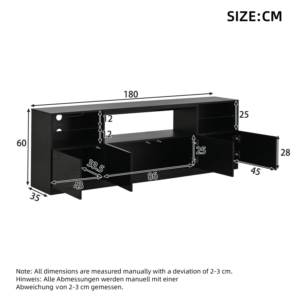 Mobile porta TV con LED, 4 ante, 8 vani e 2 ripiani in vetro temperato per soggiorno, nero, 180 × 35 × 60 cm