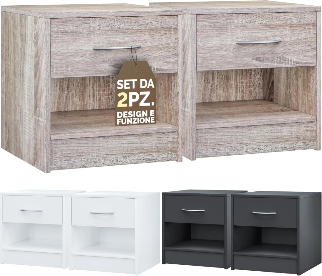 ® Set 2x ComodinI 41x39x28 cm Spazioso Cassetto Portaoggetti con Maniglia Ripiano Aperto Comodino Tavolino da Notte Arredamento Camera da Letto