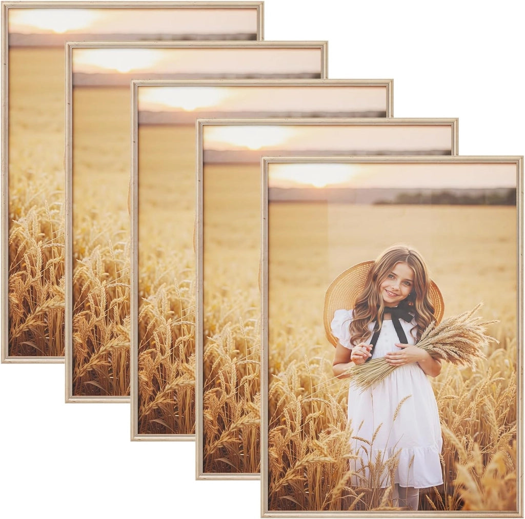 Set di 5 Cornici Foto 50x70 cm con Passepartout, Portafoto da Parete e Tavolo, Verticale o Orizzontale, in Legno Massiccio, Oro