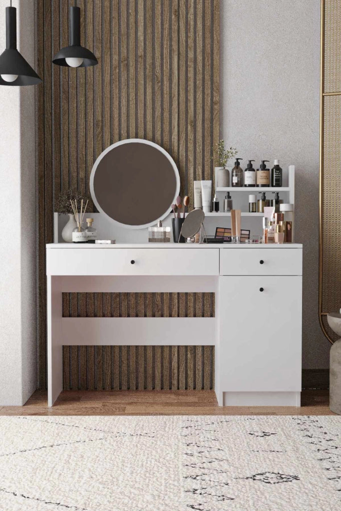 Comodino "Harmony Round" con specchio rotondo in legno - 124 x 40 x 135 cm - Bianco