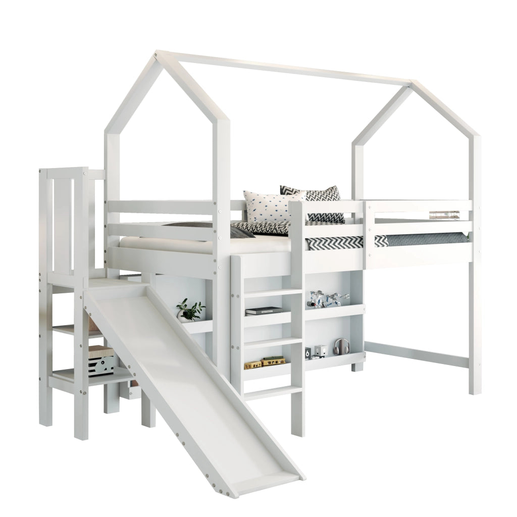 Letto singolo multifunzionale 90x200 cm con scivolo, armadietti e ripiani, bianco, senza materasso