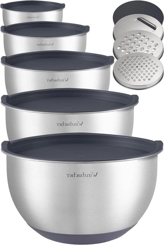 Set di miscelatori in acciaio inossidabile - 1 l + 15 l + 25 l + 35 l + 45 l - antiscivolo - sovrapponibili - resistente alla lavastoviglie - inclusa la lama di raspo.