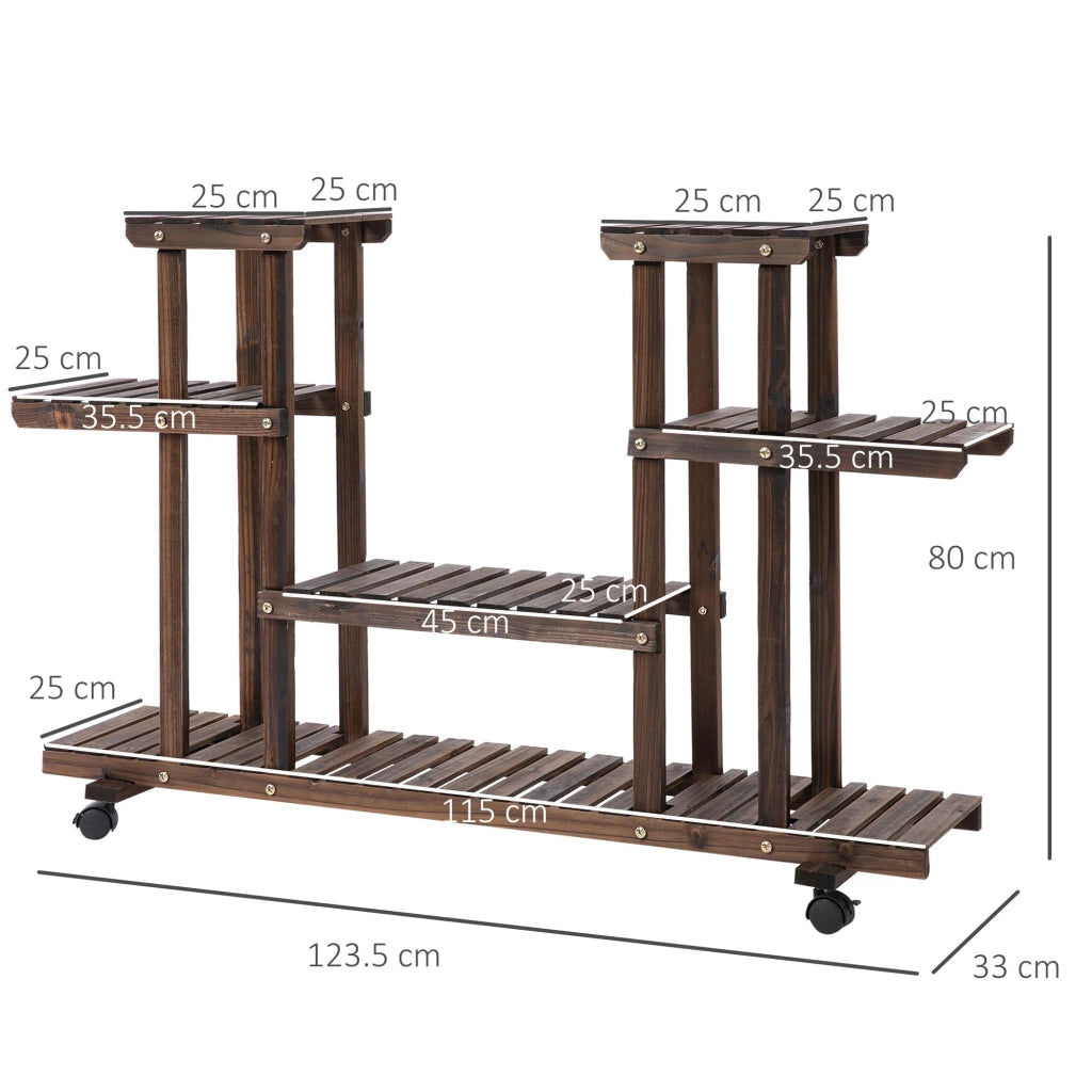 Portavasi a 6 ripiani in legno massello su ruote, 123,5x33x80 cm, marrone scuro