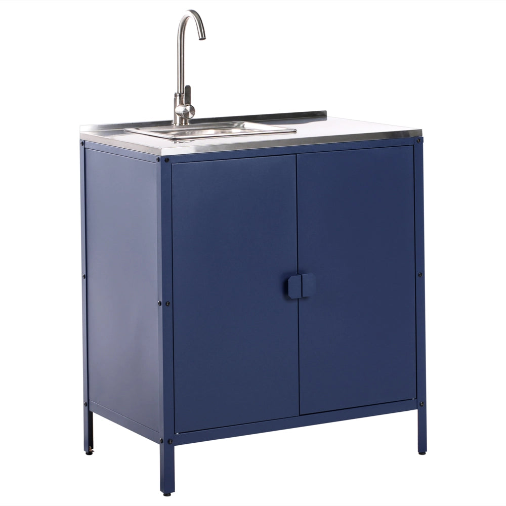 Set cucina da esterno 4 elementi in acciaio inox blu 2 armadietti da cucina 2 console portaoggetti con lavello cucina da esterno