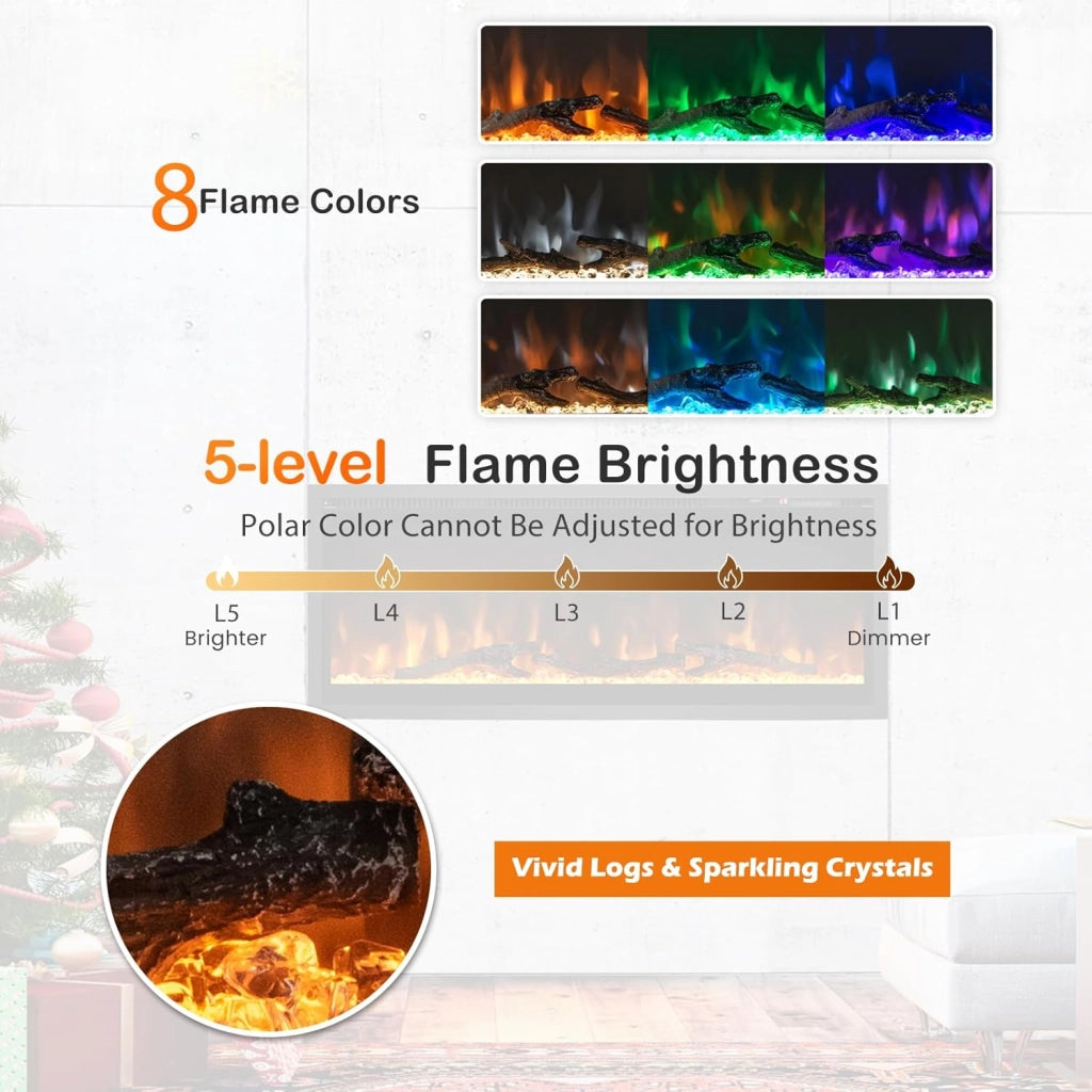 Camino Elettrico 750W/1500W, Caminetto Elettrico con Effetto Fiamma LED a 9 Colori, 5 Livelli di Luminosità,18-28℃, Protezione Anti Surriscaldamento, Telecomando (91,44 x 14,2 x 45 CM)