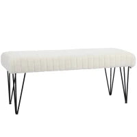 Panca Fondoletto Moderna con Gambe a Forcina, in Tessuto Effetto Ciniglia, Legno e Metallo, 118.5x46x49.5 cm, Crema