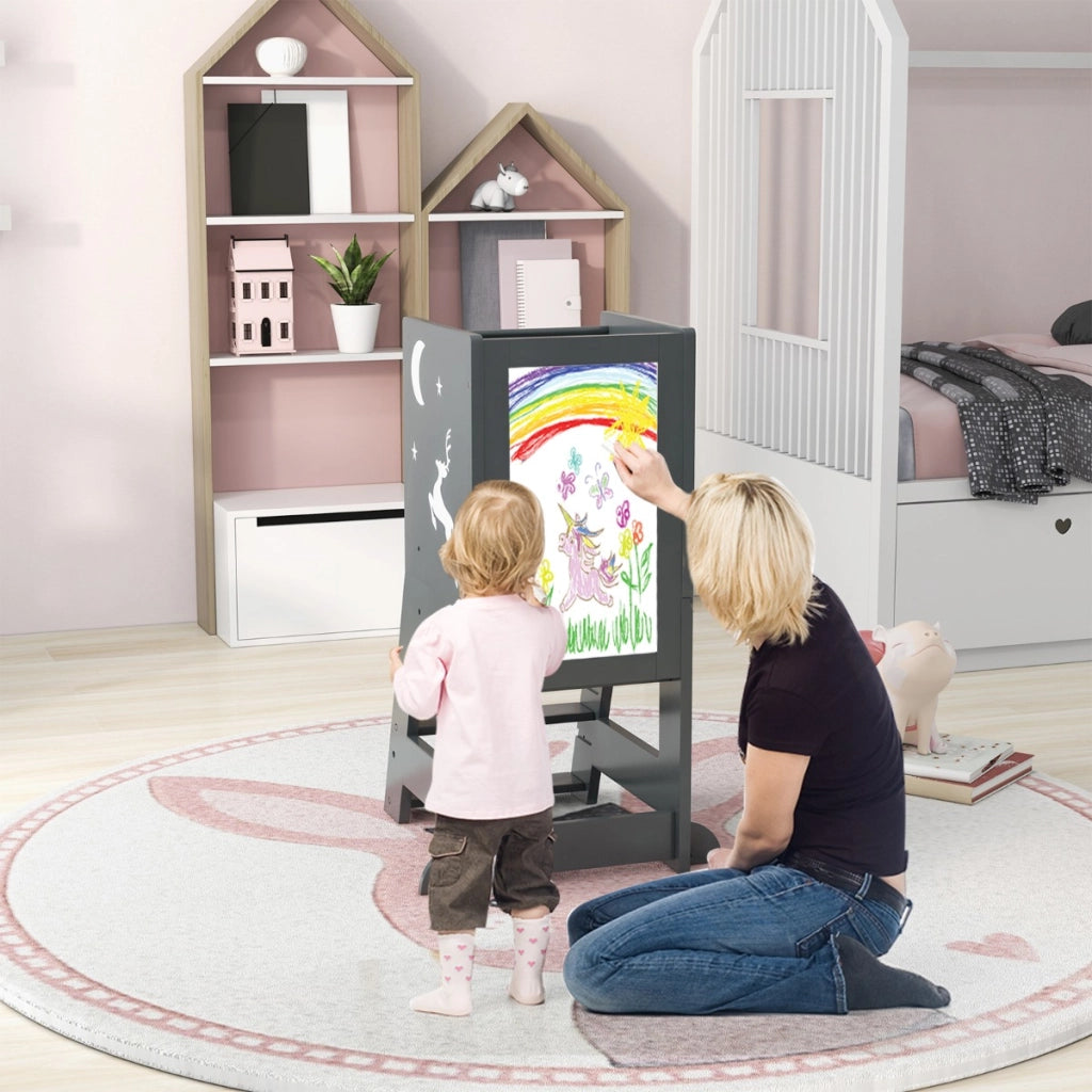 Torre per bambini con 3 penne lavagna bianca e nera piattaforma e gradino regolabili, Sgabello per bambini porta 70kg Grigio-Per i bambini