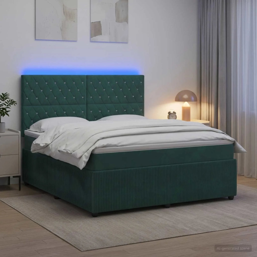 Letto Box Spring LED con Materasso Verde Scuro 140 x 190 cm 3456062