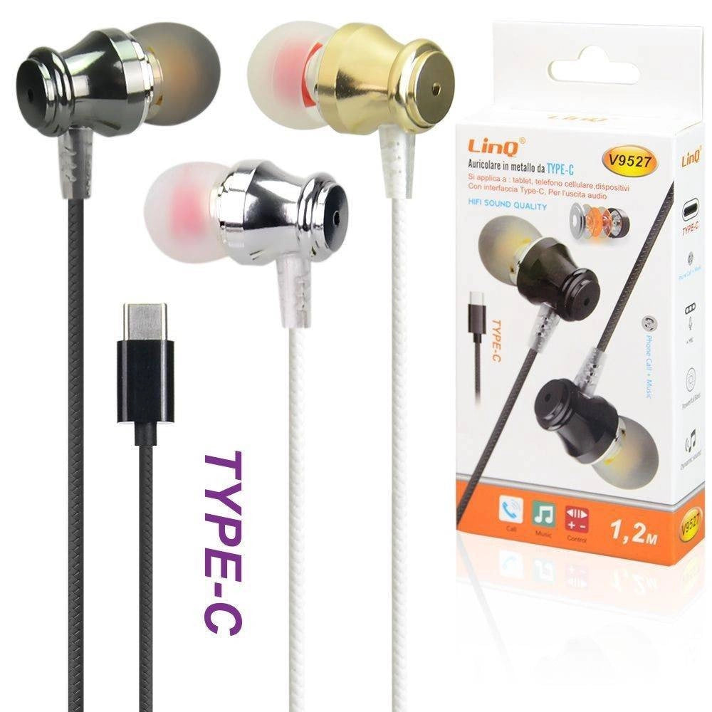 Trade Shop - Auricolari In Metallo Stereo Con Microfono Filo 1.2mt Smartphone Mp3 Type-c V9527 -