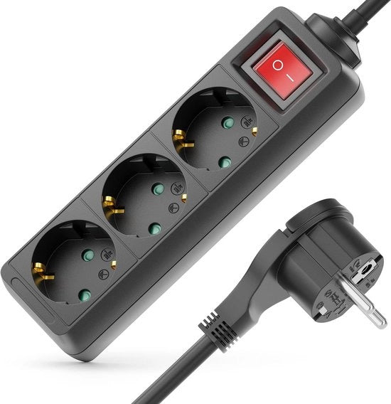 Scatola di connessione 3-fuochi piano con interruttore on-off - per uso interno - 14 m cavo - blocco contatto - contenitore in plastica robusto - nero