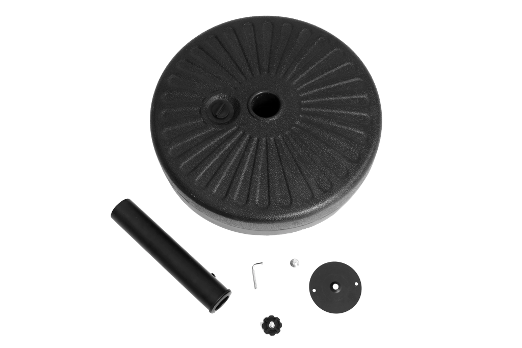 Base per ombrellone rotonda in plastica nera con tubo in acciaio zincato per giardino e terrazza