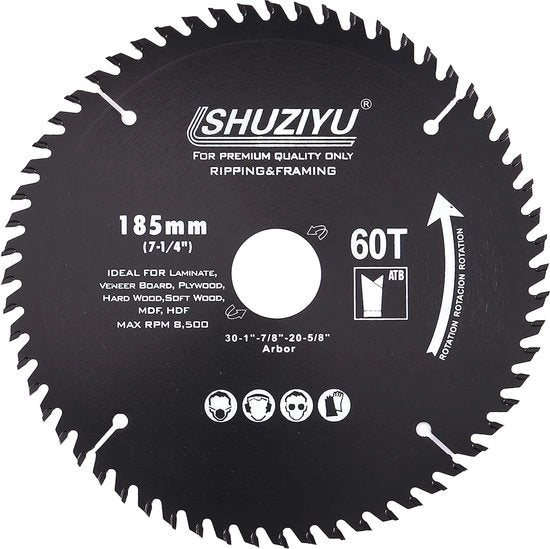 Lama circolare 185 mm, 60 T, 30 mm con anello di chiusura per lavorazione del legno