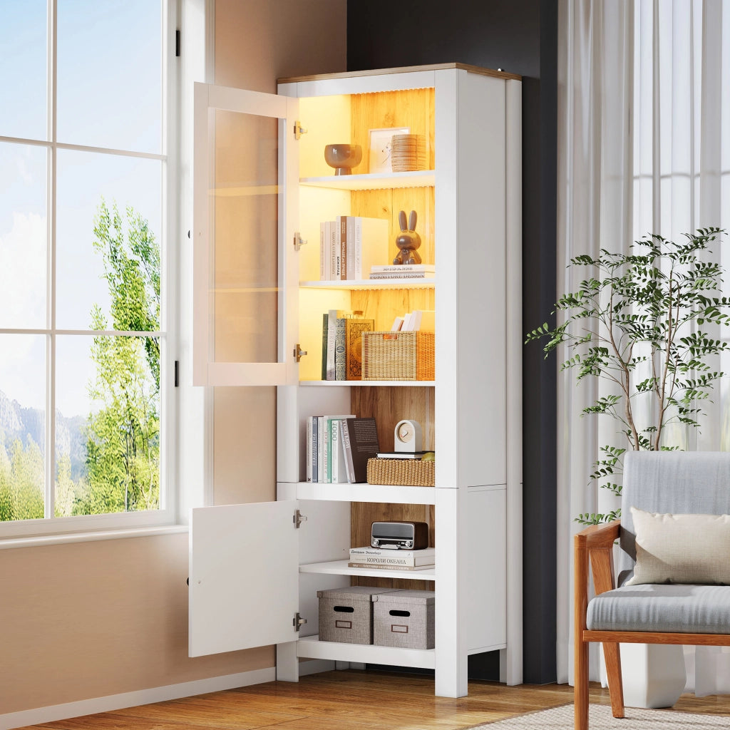 Vetrina alta con 2 ante, 6 ripiani e LED, per soggiorno, in pannello truciolare e vetro, bianco, 70 × 40 × 188 cm