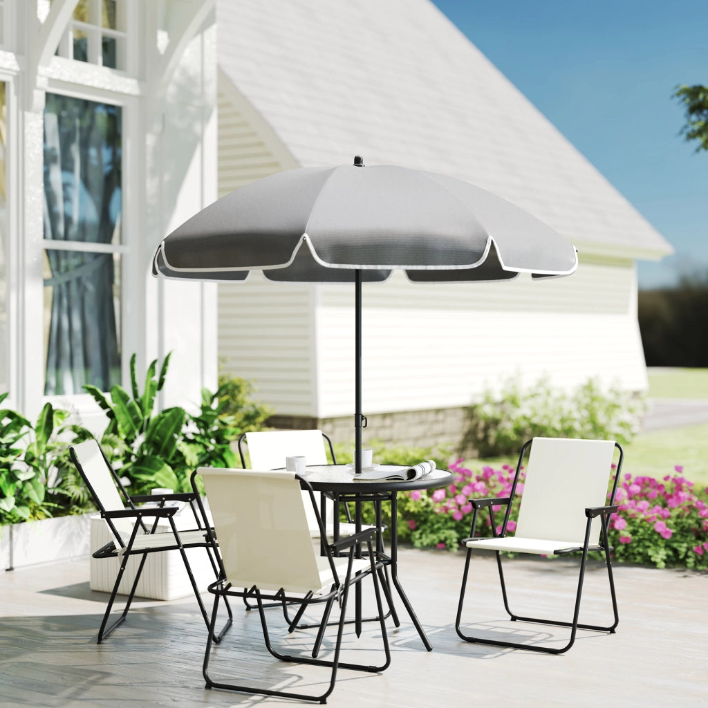 Set da Giardino 6 Pezzi in Acciaio con 4 Sedie Pieghevoli, Ombrellone e Tavolo Rotondo, Crema, Grigio e Nero