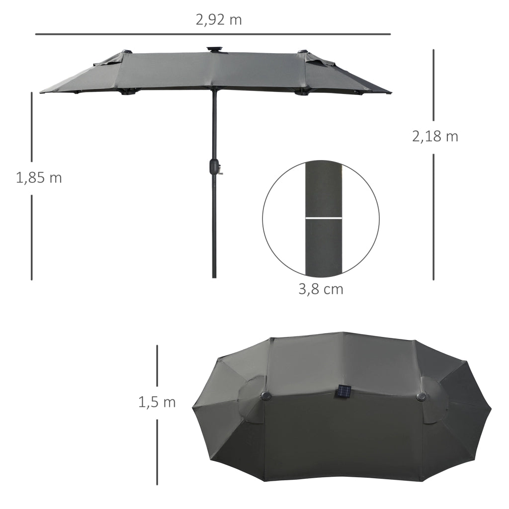 Ombrellone doppio inclinabile con pannello solare e LED ¨C zephmum ¨C grigio, acciaio, 292x150x218 cm