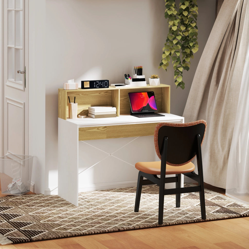 Scrivania con scaffale e 2 cassetti ¨C Zephmum ¨C Bianco e legno naturale 110x50x102,6 cm