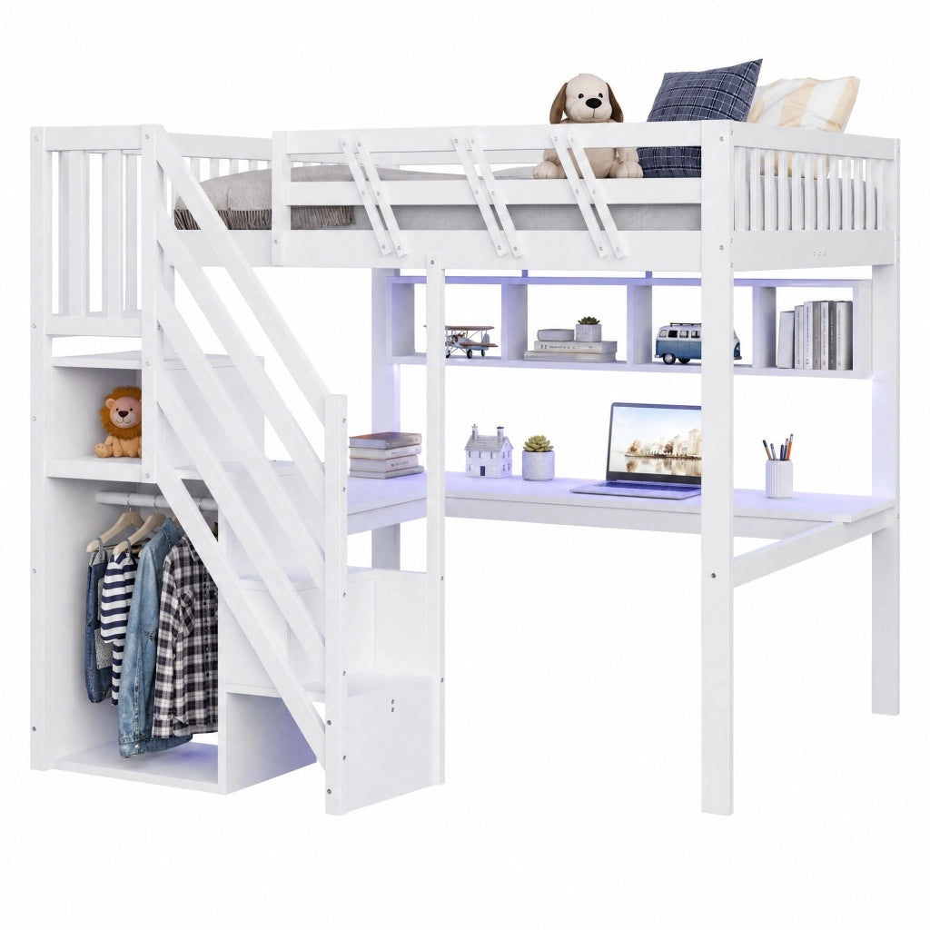 Letto a soppalco 140 × 200 cm con scrivania; scala contenitore; ripiani; LED e prese integrate in legno bianco