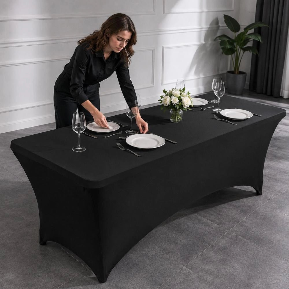 6 Pack Table Cloth For 8FT Rectangular Fitted Events, Wrinkle-Resistant Stretch Black Table Covers, Washable Spandex Tablecloth Protector, For Party, Wedding, Cocktail, Banquet, Festival