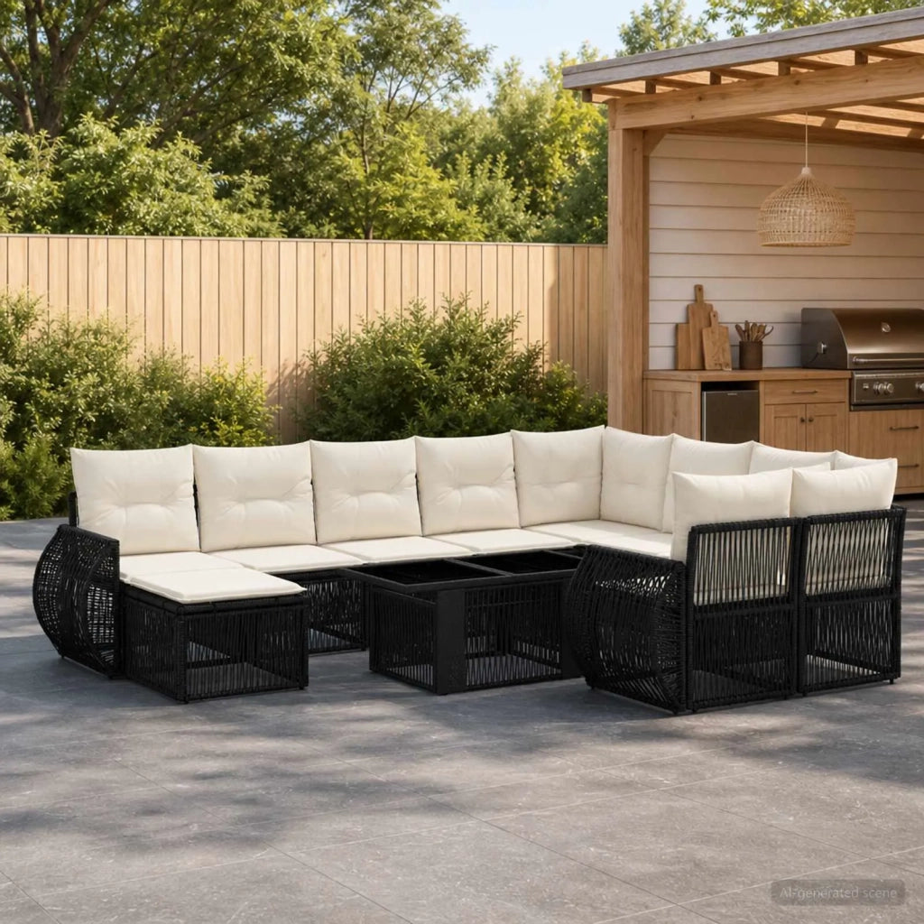 Set Divano da Giardino 11 pz Nero e Bianco Crema polyrattan 3437035