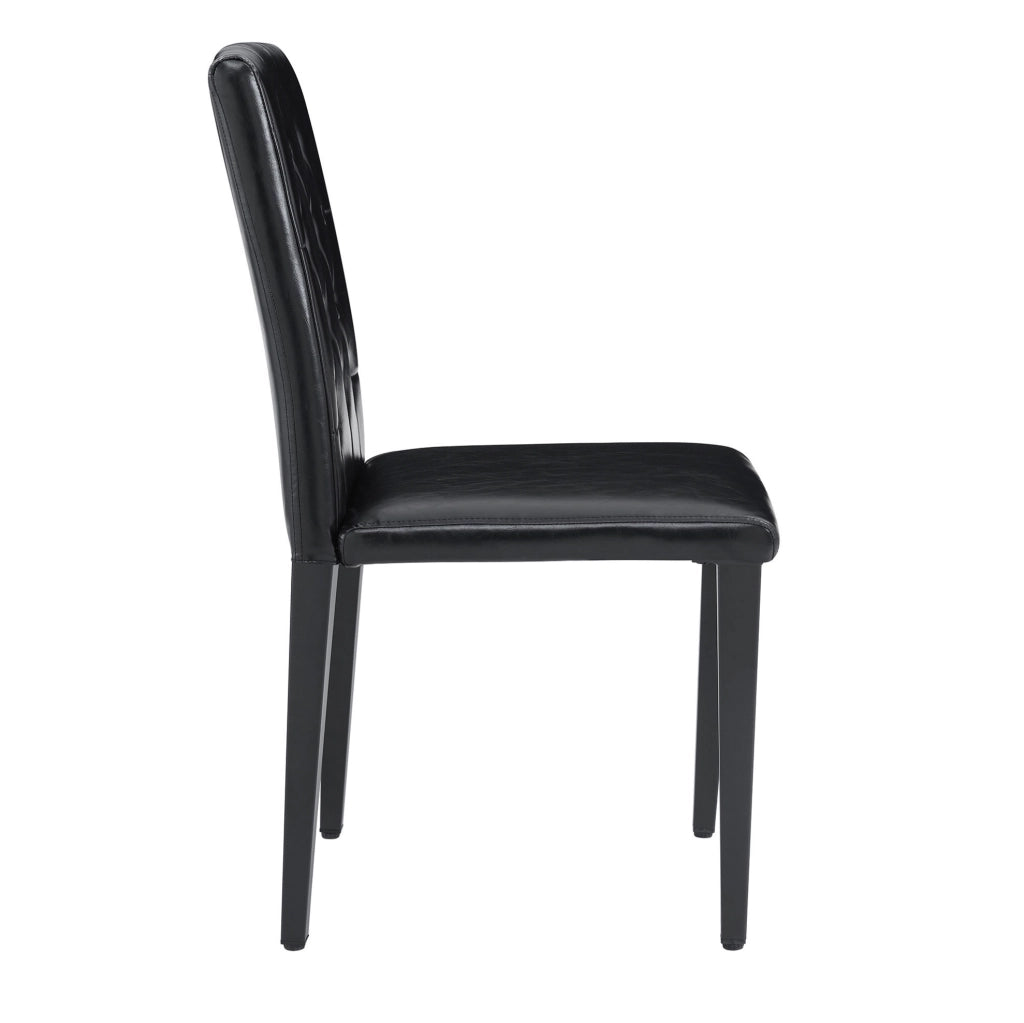 Set 4 sedie da pranzo nere in PU con schienale trapuntato; gambe in metallo; 89 cm