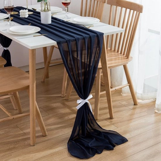 Tavolo da Cucina a Telo Chiffon Lungo 300 cm in Blu Marino - Decorazione Moderna per Tavolo da Cucina