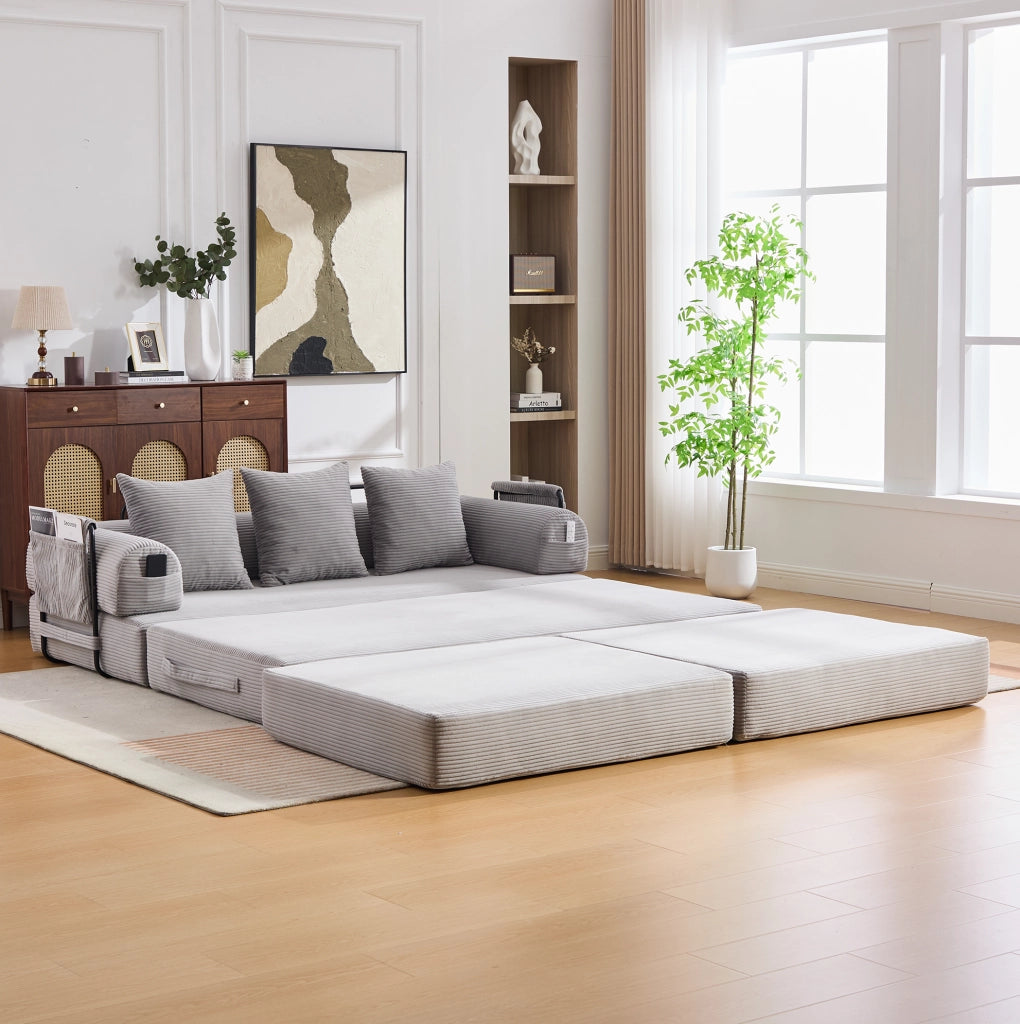 Divano modulare 200x190x67 cm in velluto a coste grigio chiaro con pouf –
